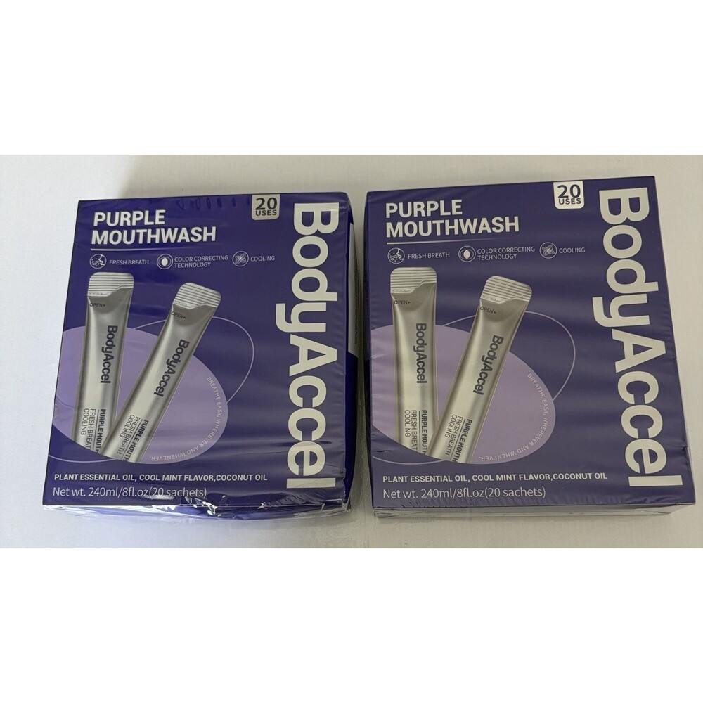 NEW BodyAccel Purple Mouthwash Teeth Whitening 2 Box Bundle (40 Total Sachets)